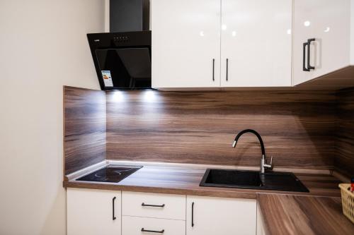 a kitchen with a sink and a microwave at Центр міста! Затишні квартири в новобудові! in Uzhhorod