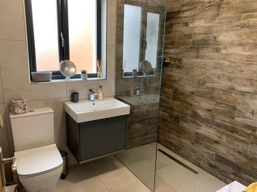 a bathroom with a toilet and a sink and a shower at Avoca Farm in Holywood