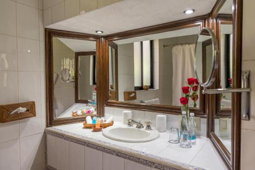 Villa Montaña Hotel & Spa في موريليا: حمام مع حوض ومرآة