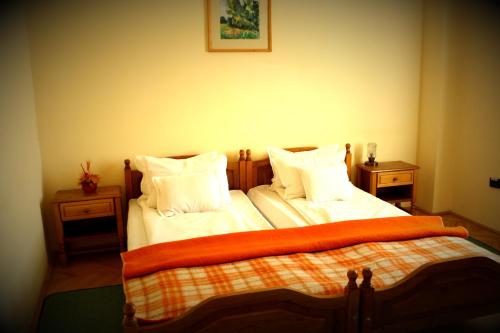 a bedroom with a bed with an orange blanket on it at Hotel Tivoli in Sovata