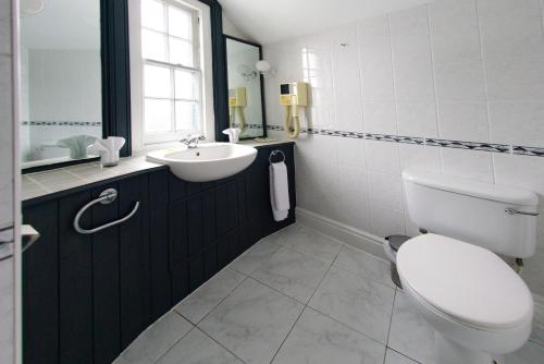 a bathroom with a toilet and a sink at Three Queens Hotel in Burton upon Trent