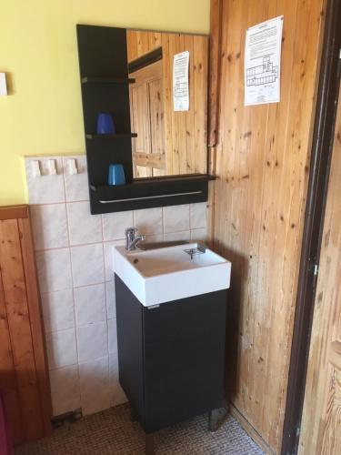La salle de bains est pourvue d'un lavabo et d'un miroir. dans l'établissement Lesní Bouda, à Pec pod Sněžkou