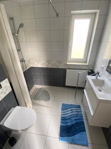 a bathroom with a toilet and a sink at Domki, apartament, pokój, Limanowa in Limanowa