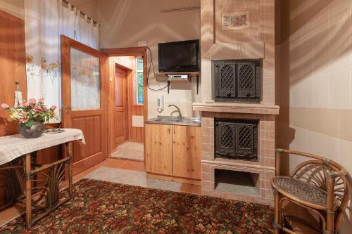 a living room with a fireplace and a sink at Valensija in Jūrmala