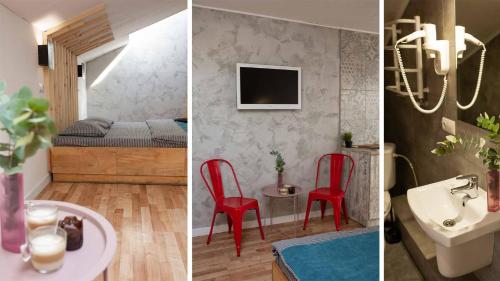 2 Bilder eines Zimmers mit roten Stühlen und einem Schlafzimmer in der Unterkunft Striha apart in Iwano-Frankiwsk