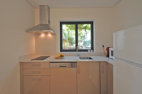 a kitchen with a white refrigerator and a sink at DouroXisto in Peso da Régua
