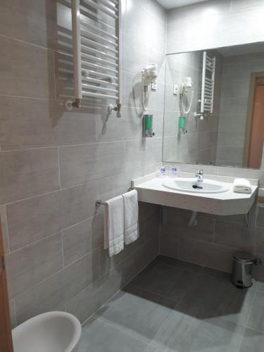 グアダラハラにあるHotel Alcarriaのバスルーム(洗面台、トイレ、鏡付)