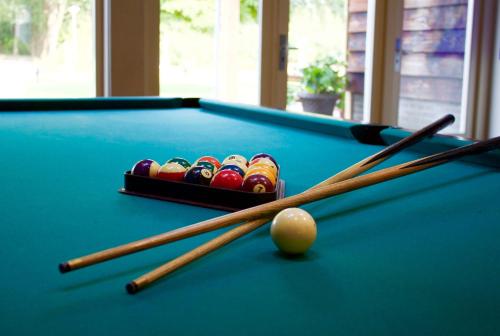 two cue sticks on a pool table with balls at Hotel De Kruishoeve 's-Hertogenbosch - Vught in Vught