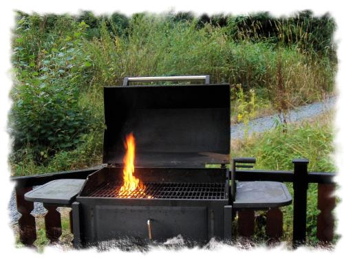 a fire pit with a grill and two benches at Blelham Tarn Rustic cabin in tranquil woodland in Ambleside