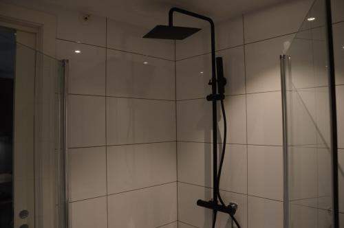 a bathroom with a shower with a glass door at Fossheim Lodge - komfortabel minileilighet in Torset