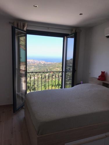 Santa-Reparata-di-BalagnaにあるA Casa di Furtunatuのベッドと大きな窓のある寝室