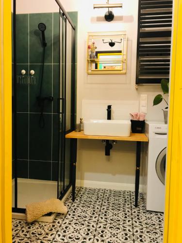 a bathroom with a sink and a shower at Mrongowiusza 3 in Olsztynek