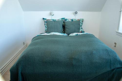 a bedroom with a bed with a green blanket at Samsø Perlen in Sælvig