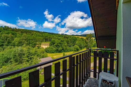 a balcony with a view of the mountains at Apartmány U Žaloudků in Dolní Morava