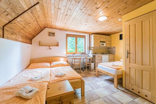 a room with two beds and a kitchen in it at Apartmány U Žaloudků in Dolní Morava