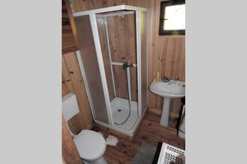 W łazience znajduje się prysznic, toaleta i umywalka. w obiekcie Modrzewiowy domek letniskowy - Stare Czaple w mieście Brodnica