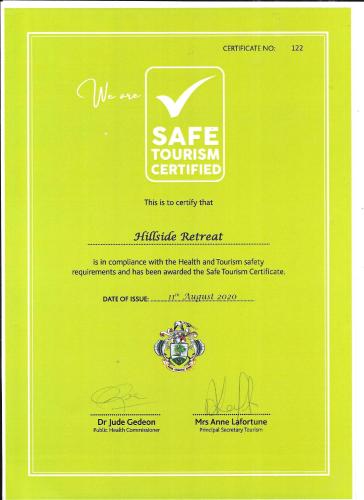 Certifikát, hodnocení, plakát nebo jiný dokument vystavený v ubytování Hillside Retreat