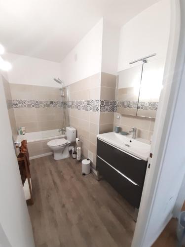 uma casa de banho com um lavatório, um WC e uma banheira em Appt T2 & Cabine - Superbe vue - WIFI em Les Angles