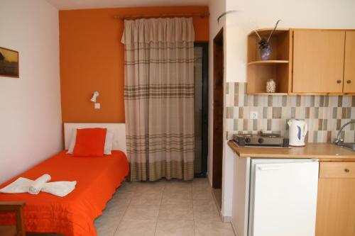 a small room with a bed and a kitchen at Stergia Apartments in Kardamaina
