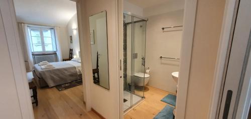 een badkamer met een douche en een toilet en een slaapkamer bij Baretti apartment in Turijn