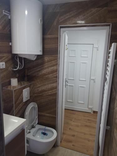 a bathroom with a toilet and a sink and a door at studio skadarlija in Belgrade