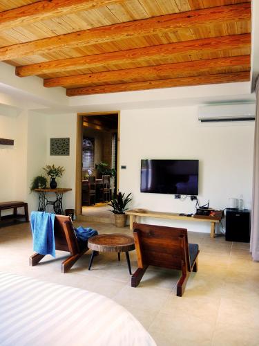 a living room with a bed and a flat screen tv at 慎重開華莊園民宿 in Puli
