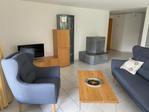 a living room with two blue chairs and a fireplace at Ferienwohnung für 5 Personen in Cumpadials, inmitten der Surselva in Sumvitg