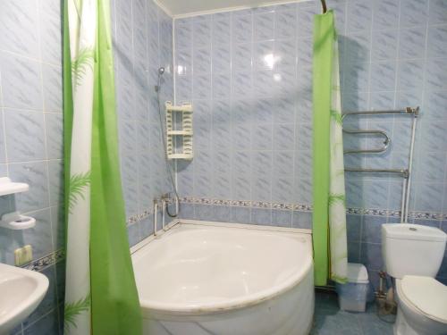 a bathroom with a tub and a toilet with green curtains at Na Admirala Makarova in Mykolaiv