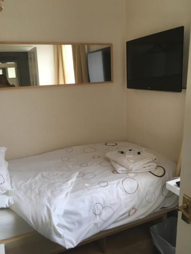 a bed in a room with a mirror and a television at The Hawthornes Licensed Guest House in Knottingly