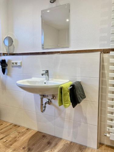 a bathroom with a sink and a mirror at Ferienwohnungen am Kranzbach FeWo2 in Krün