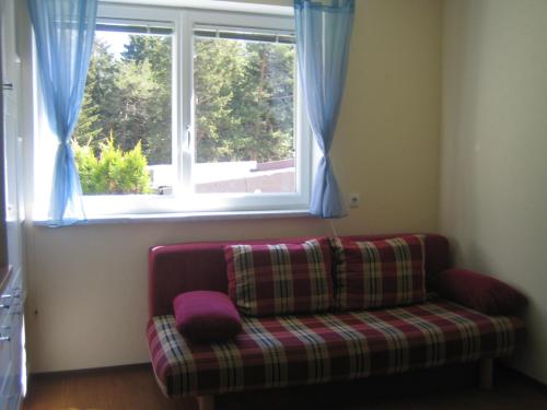 a couch sitting in front of a window at Apart Raphael in Niederthai