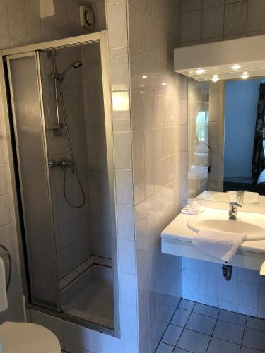 une salle de bain avec une douche, un lavabo et des toilettes dans l'établissement Appartement à l'ange, à Climbach