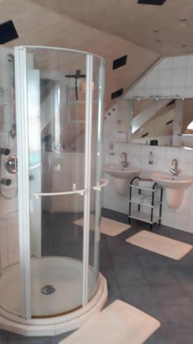 Un baño con dos lavabos y una ducha de cristal. en Villa Karin, en Breitungen
