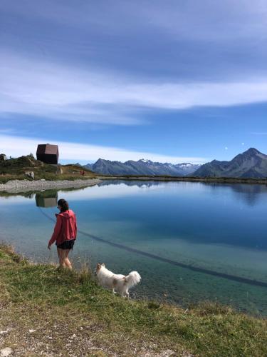 a person walking a dog near a body of water at Ferienwohnung Schiestl in Zell am Ziller