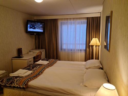 a hotel room with a large bed and a television at Hotelli Sandels in Siilinjärvi