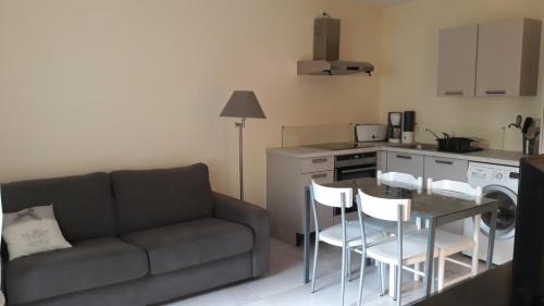 ein Wohnzimmer mit einem Sofa, einem Tisch und Stühlen in der Unterkunft studio Eder Enea in Cambo-les-Bains