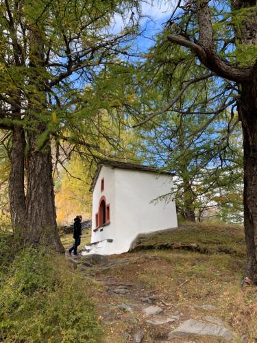 a person walking past a small white building in the woods at Châlet Birkhahn in Saas-Fee