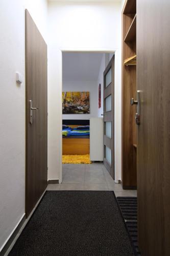a hallway with two doors and a hallway with a rug at Apartman Veronika in Trojanovice