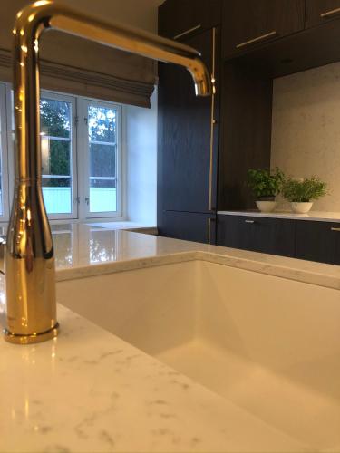 a kitchen with a sink with a gold faucet at Sjøgata Gjestehus in Larvik