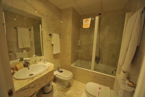a bathroom with a sink and a toilet and a shower at Puerta de Segovia in La Lastrilla