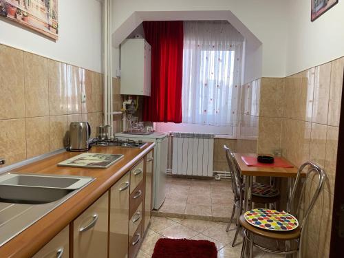 a kitchen with a sink and a table with chairs at Center Apartment in Galaţi