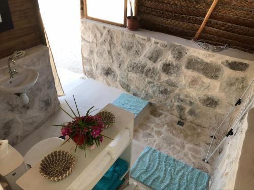 a bathroom with a sink and a toilet and a counter at Chez christiane in Tikehau