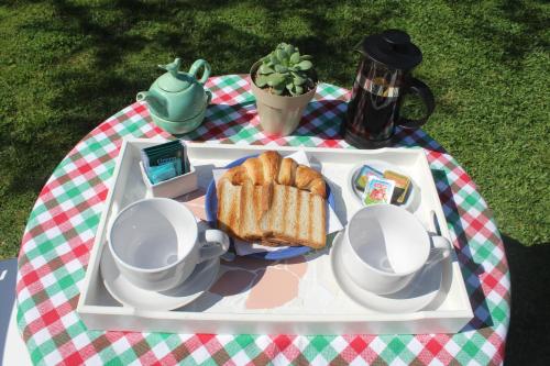 un vassoio con un panino e delle tazze su una coperta da picnic di Paraiso Encontrado a Benavídez