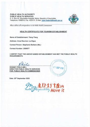 Certificato, attestato, insegna o altro documento esposto da La Digue Ylang Ylang