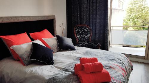 埃佩爾奈的住宿－L'épopée de l'Avenue - Parking - Avenue de Champagne - Epernay，一间卧室配有红色和黑色枕头的床