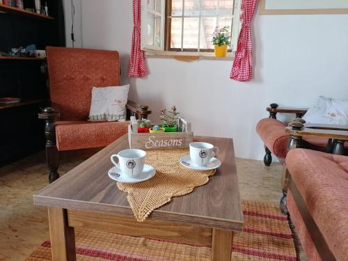 a coffee table in a living room with two cups at Rural house above the forest in Gornja Voća
