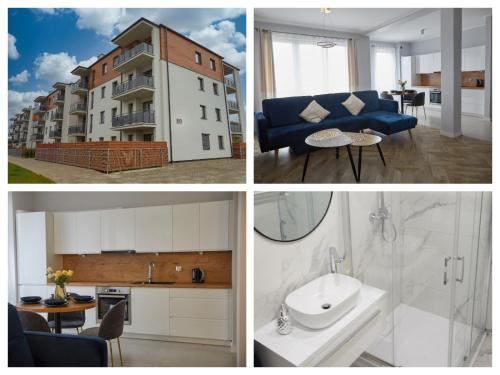 a collage of four pictures of a living room and a apartment at Przestronny Apartament in Ostrów Wielkopolski