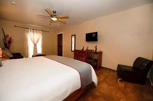 a bedroom with a bed and a ceiling fan at La Casona Tequisquiapan Hotel & Spa in Tequisquiapan