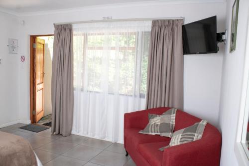 a red chair in a room with a window at Andelomi Forest Lodge in Stormsrivier