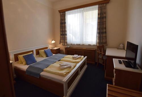 a bedroom with a bed with blue pillows and a window at Hotel Soudek in Poděbrady